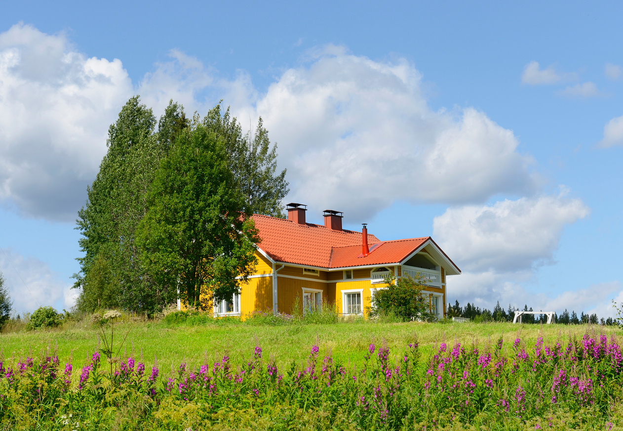 Деревенский дом с красной крышей